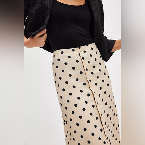 NWT FREE PEOPLE Analise Printed Midi Skirt Sz 10 Cream Combo Dot Daze Polka Dot - Picture 3 of 5